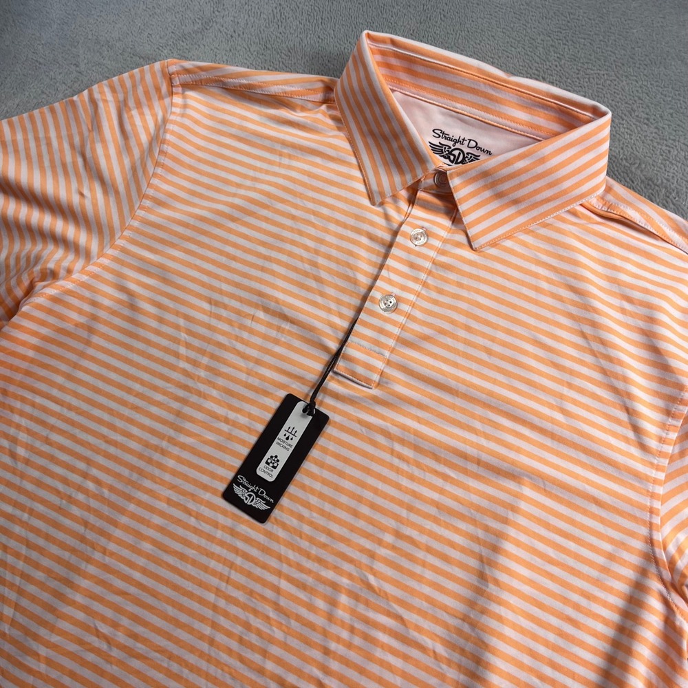 Straight Down Performance Mens Orange White Striped Golf Polo Shirt Large NEW